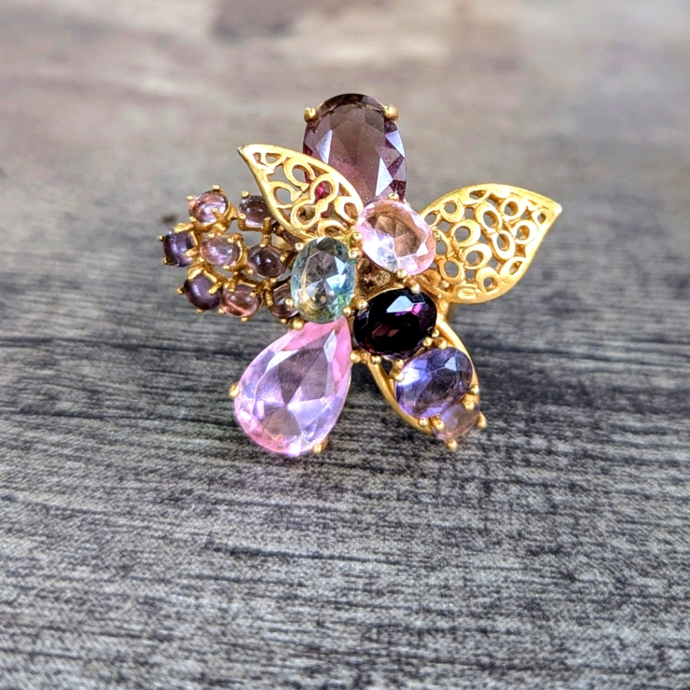 SUPER EUC 💐 COACH 💐FLOWER🍸STATEMENT COCKTAIL GEMSTONE RING🍸GOLD OVERLAY sz 7